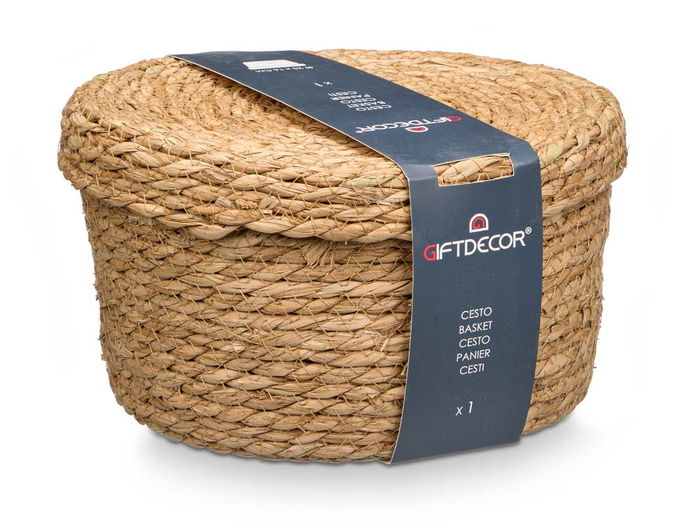 Giftdecor Cesto Tapa Redondo Grande Natural en Fibra Natural 26x16x26 cm (Set de 6)