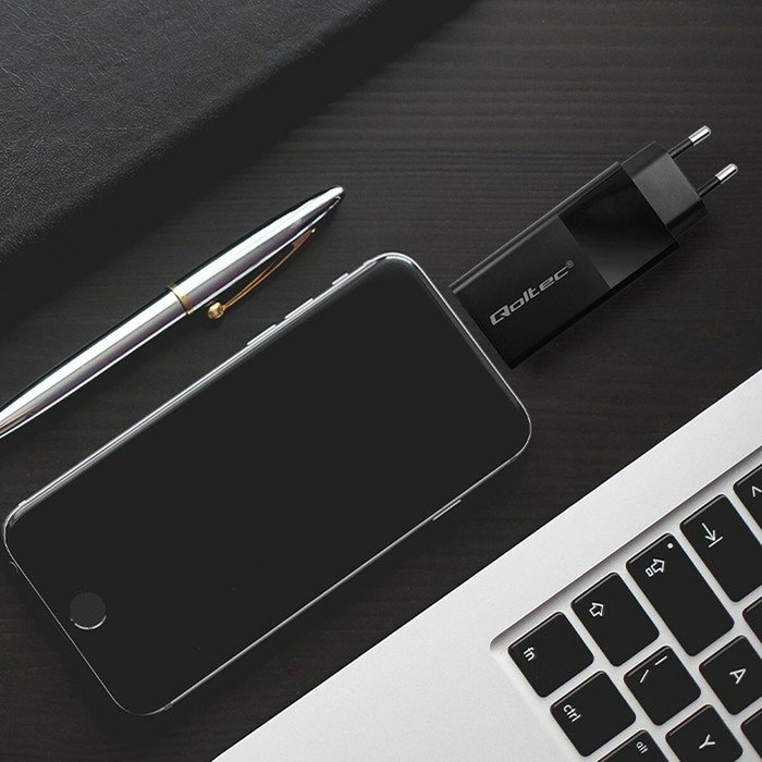 Qoltec GaN POWER PRO 100W con USB-C y USB, Negro