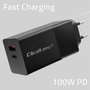 Qoltec GaN POWER PRO 100W con USB-C y USB, Negro
