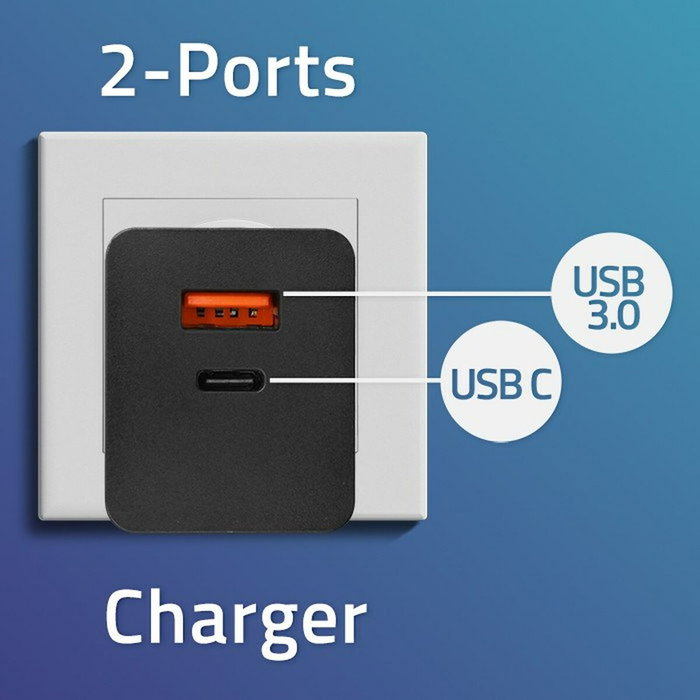 Qoltec GaN POWER PRO 100W con USB-C y USB, Negro
