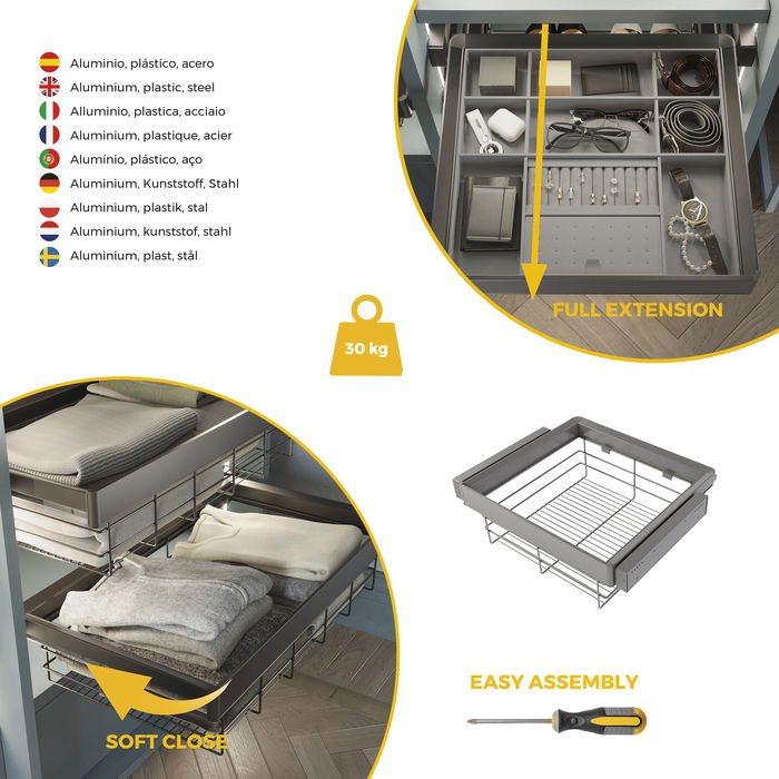 Emuca Kit de cajón de alambre y bastidor regulable Quartz para armarios, guías de cierre suave y extracción total, Módulo 60cm, Acabado Titanio