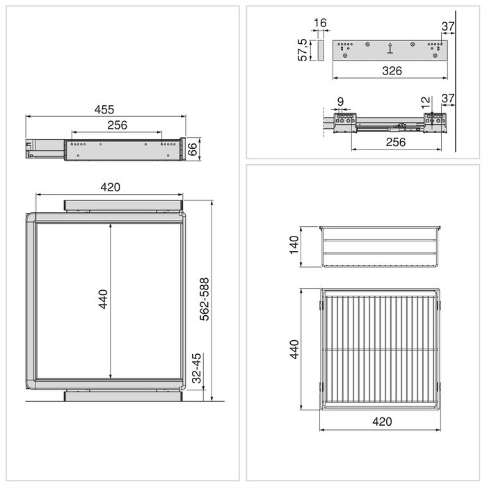 Emuca Kit de cajón de alambre y bastidor regulable Quartz para armarios, guías de cierre suave y extracción total, Módulo 60cm, Acabado Titanio
