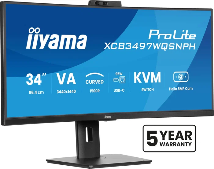 iiyama ProLite XCB3497WQSNPH-B1 Monitor Curvo Gaming 34" UWQHD (3440x1440) VA 120Hz 0.4ms AMD FreeSync Premium, USB-C 95W, Hub USB, Webcam 5MP, KVM, Altavoces, Ajuste Altura, Negro