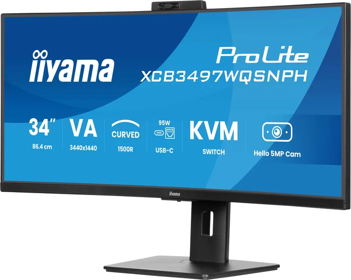iiyama ProLite XCB3497WQSNPH-B1 Monitor Curvo Gaming 34" UWQHD (3440x1440) VA 120Hz 0.4ms AMD FreeSync Premium, USB-C 95W, Hub USB, Webcam 5MP, KVM, Altavoces, Ajuste Altura, Negro