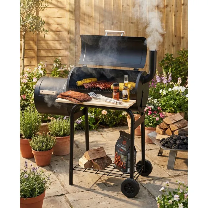 Cookingbox Ahumador de carbón con dos cámaras de combustión cilíndricas, acero, asas de madera, chimenea vertical - 9760190