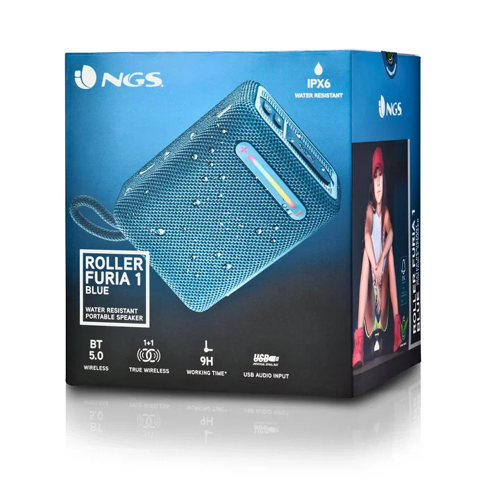 Ngs Altavoz Portátil ROLLER FURIA 1 Bluetooth 5.0, 15W PMPO, Luces RGB, Resistente al Agua IPX6, Puerto USB, Batería 9h - Azul