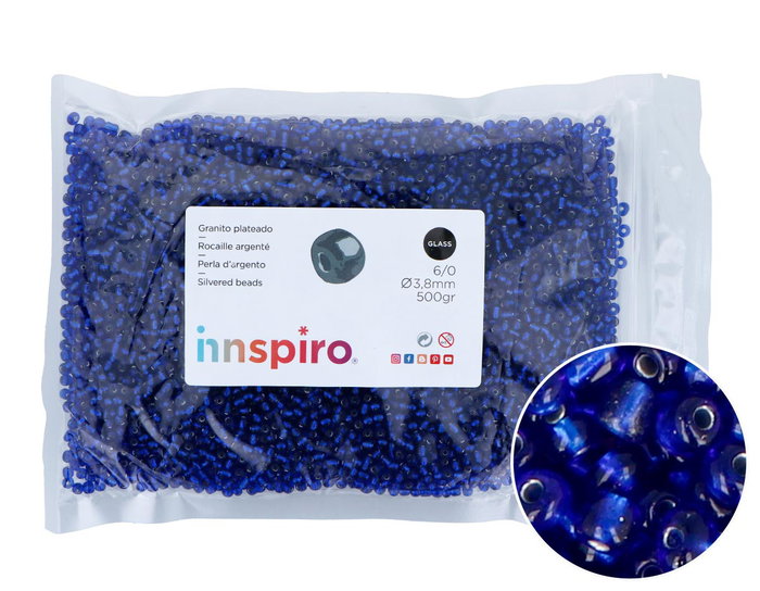 Innspiro Rocalla de Vidrio Redonda Plateado Azul Marino 3,8 mm 500g Innspiro Rocalla de Vidrio Redonda Plateado Azul Marino 3,8 mm 500g