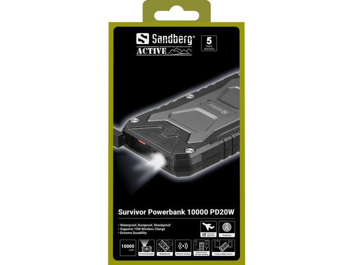 Sandberg Survivor Powerbank 10000 PD20W | Batería Portátil 10000 mAh Impermeable, a Prueba de Polvo y Golpes con Carga Inalámbrica de 15W Sandberg Survivor Powerbank 10000 PD20W | Batería Portátil 10000 mAh Impermeable, a Prueba de Polvo y Golpes con Carga Inalámbrica de 15W