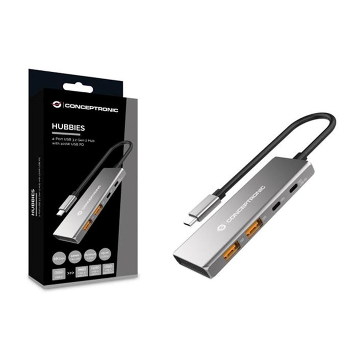 Conceptronic HUBBIES15G Hub Usb Tipo C con 2 Puertos USB-C y 2 USB-A, USB 3.2 Gen 2 (10 Gb/s), Soporte PD 100W