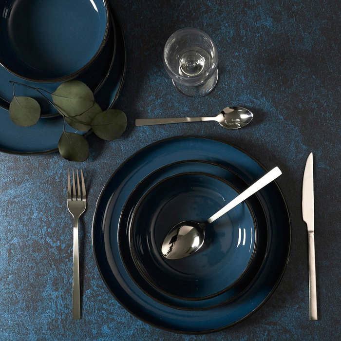 Home Deco Factory Vajilla Gres du Temps 12 Piezas Azul - 4 Platos, 4 Postres, 4 Bols, Gres, Apto Lavavajillas y Microondas