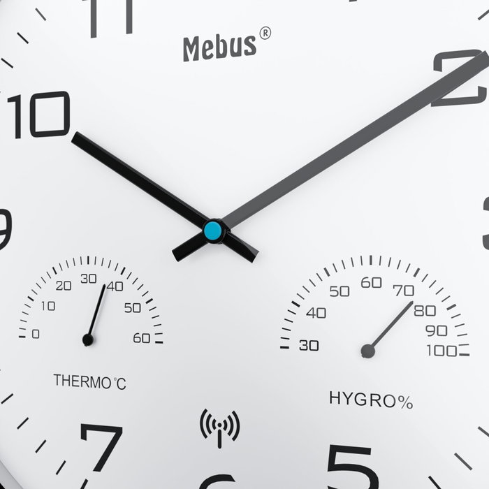 Mebus Reloj de Pared con Radio Controlado, Termómetro e Higrómetro Gris / Blanco