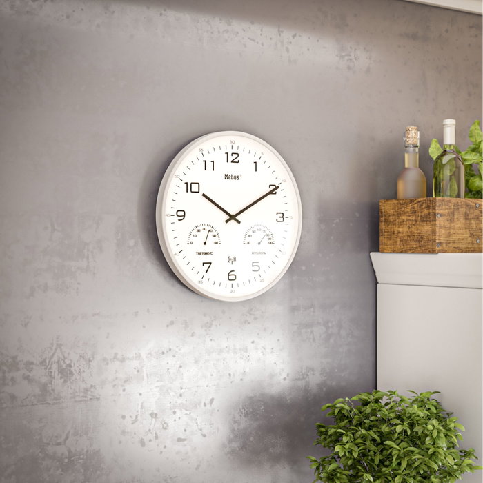 Mebus Reloj de Pared con Radio Controlado, Termómetro e Higrómetro Gris / Blanco