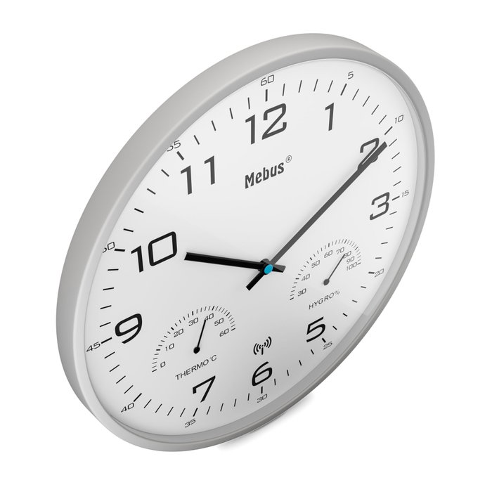 Mebus Reloj de Pared con Radio Controlado, Termómetro e Higrómetro Gris / Blanco