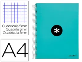 Antartik Cuaderno espiral A4 micro tapa forrada 120 hojas 90 gr cuadro 5mm 5 bandas color menta