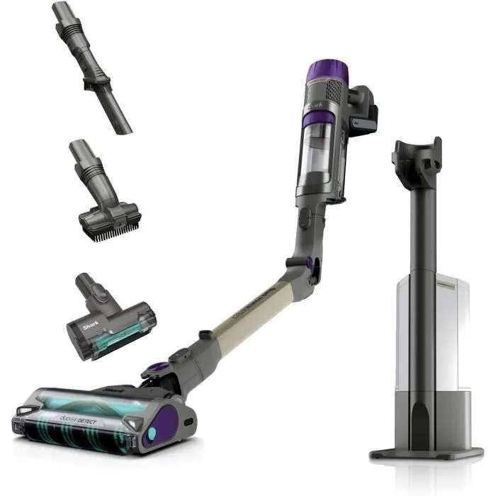 Shark IP3251EUT Aspiradora de escoba 2-en-1 PowerDetect con vaciado automático, Gris/Púrpura/Oro