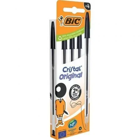 Bic 516335 Bolígrafos de Tinta de Aceite Cristal Original Negros 4 Unidades