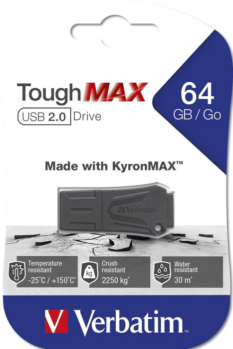 Verbatim ToughMAX Pendrive USB 2.0 64GB, fabricado con compuesto KyronMAX, máxima resistencia y protección física de datos