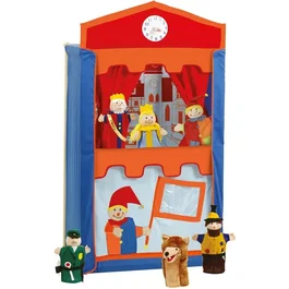 Roba Teatro de Marionetas de Madera y Tela con 6 Marionetas de Mano, Color Rojo/Azul/Naranja