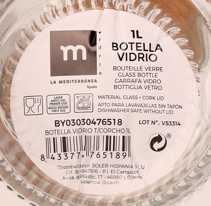 La Mediterranea Botella de Vidrio de 1 Litro con Tapón de Corcho (24 Unidades)巫