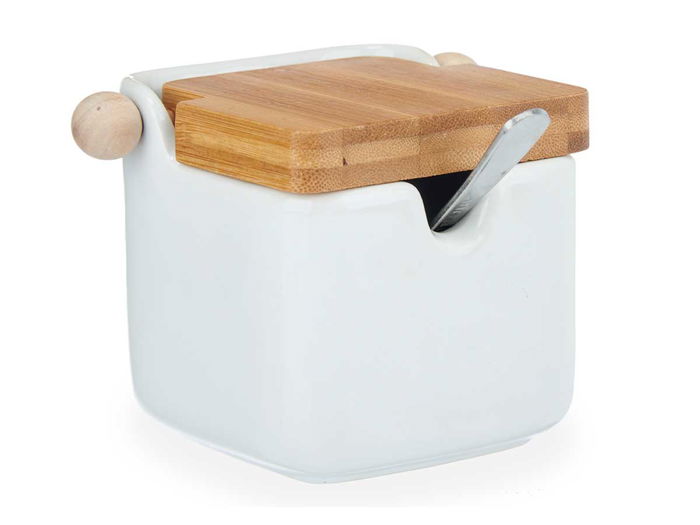 Vessia Azucarero de Cerámica Blanco con Tapa de Bambú, Capacidad 190 ml, Dimensiones 10x8x7.5 cm, Incluye Cucharilla (Set de 6)
