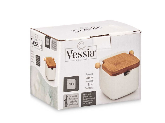 Vessia Azucarero de Cerámica Blanco con Tapa de Bambú, Capacidad 190 ml, Dimensiones 10x8x7.5 cm, Incluye Cucharilla (Set de 6)