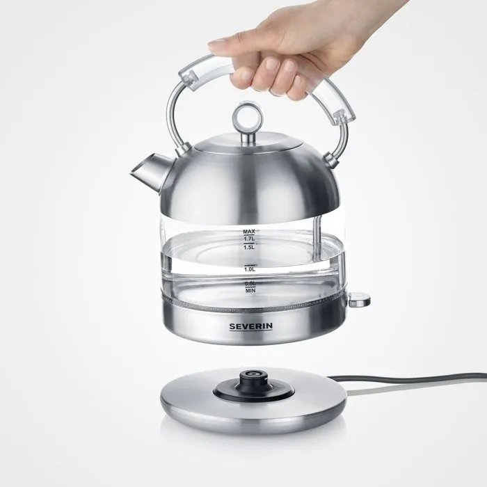 Severin WK3459 Hervidor de agua de vidrio retro 1,7 L 2400 W acero inoxidable calentamiento rápido