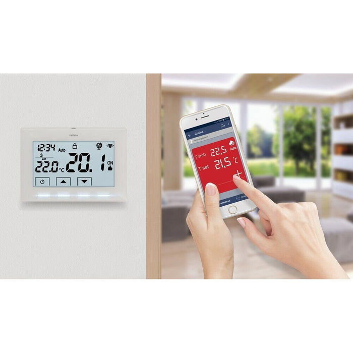 Perry 1TX CR029WIFI Cronotermostato Wifi 230V Blanco Superficie Pantalla LCD Retroiluminada 4.3" 4-37°C Perry 1TX CR029WIFI Cronotermostato Wifi 230V Blanco Superficie Pantalla LCD Retroiluminada 4.3" 4-37°C