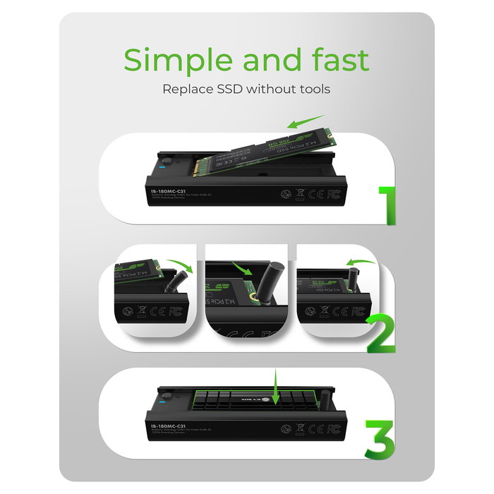 ICY BOX Caja Externa Docking USB 3.2 Gen 2 Tipo-C para SSD M.2 NVMe/SATA hasta 2TB, Herramientas, Aluminio Negro IB-180MC-C31