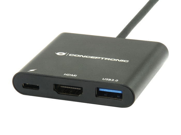 Conceptronic Adaptador USB-C a HDMI 3-en-1 con Puerto de Carga PD 60W y USB 3.0, Resolución 4K, Compatible con MacBook, Chromebook, Smartphones y Dispositivos USB-C