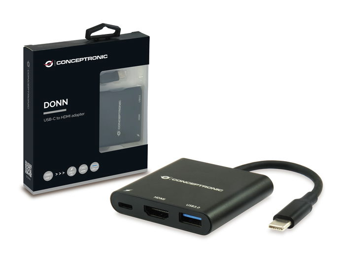 Conceptronic Adaptador USB-C a HDMI 3-en-1 con Puerto de Carga PD 60W y USB 3.0, Resolución 4K, Compatible con MacBook, Chromebook, Smartphones y Dispositivos USB-C