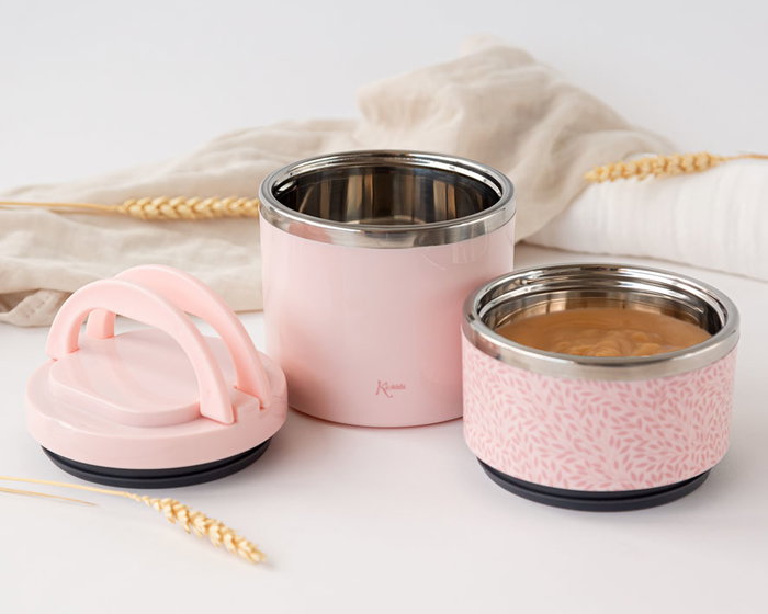 KioKids Termo Alimentos Acero Inoxidable Doble 930mL 2 Recipientes (300mL + 630mL) Hermético Rosa para Bebé +0 Meses