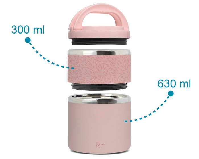KioKids Termo Alimentos Acero Inoxidable Doble 930mL 2 Recipientes (300mL + 630mL) Hermético Rosa para Bebé +0 Meses