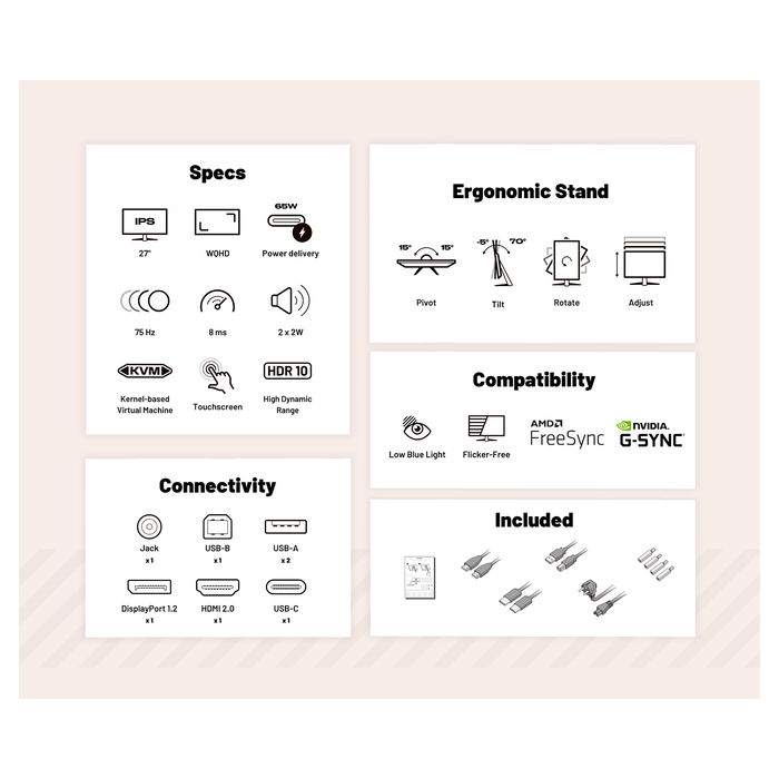 JAPANNEXT JN-IPS27WQHDR-C65W-FLD-T Monitor 68.58cm (27") WQHD IPS Touchscreen 2560 x 1440, 75Hz, HDR10, FreeSync, USB-C 65W, Negro