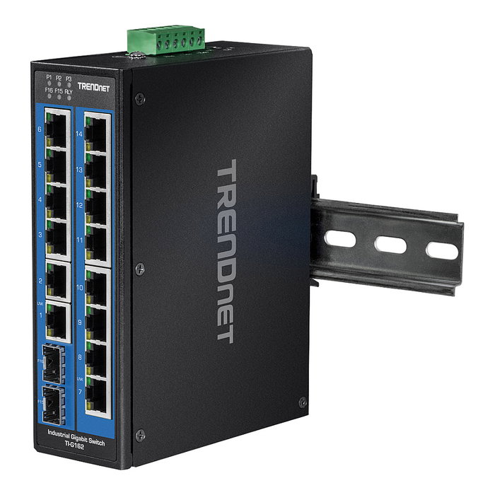 TRENDnet TI-G162 Switch Industrial 16 Puertos Gigabit Ethernet, 14x RJ-45 + 2x SFP, Montaje en Carril DIN y Pared, 32 Gbit/s, IP30 TRENDnet TI-G162 Switch Industrial 16 Puertos Gigabit Ethernet, 14x RJ-45 + 2x SFP, Montaje en Carril DIN y Pared, 32 Gbit/s, IP30
