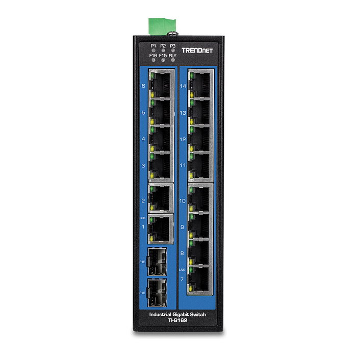 TRENDnet TI-G162 Switch Industrial 16 Puertos Gigabit Ethernet, 14x RJ-45 + 2x SFP, Montaje en Carril DIN y Pared, 32 Gbit/s, IP30 TRENDnet TI-G162 Switch Industrial 16 Puertos Gigabit Ethernet, 14x RJ-45 + 2x SFP, Montaje en Carril DIN y Pared, 32 Gbit/s, IP30