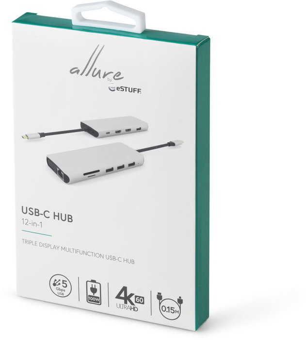 eSTUFF Hub USB-C 12 en 1 con Triple Pantalla 4K, VGA, PD 100W, Ethernet, para PC y Tablets - Estación de Acoplamiento Móvil