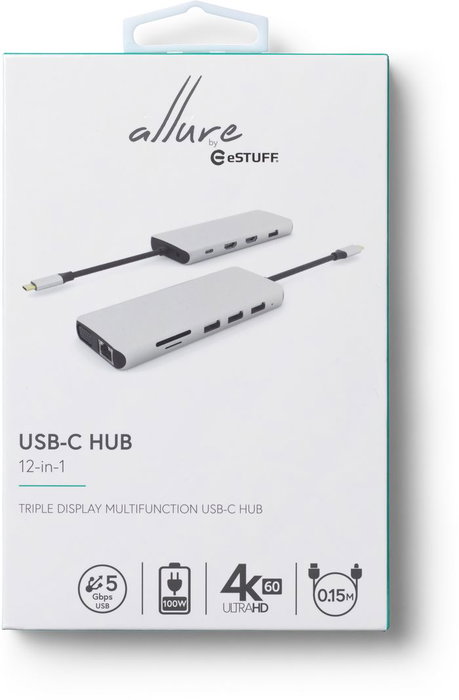 eSTUFF Hub USB-C 12 en 1 con Triple Pantalla 4K, VGA, PD 100W, Ethernet, para PC y Tablets - Estación de Acoplamiento Móvil
