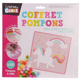 Createur de Genie Juego con Pompones para Pegar, Montessori, 4 Modelos Surtidos (Panda, Unicornio, Zorro, Cohete), Ideal para Psicomotricidad Fina