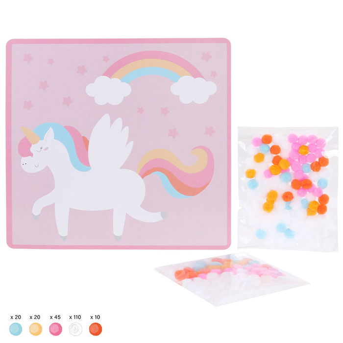 Createur de Genie Juego con Pompones para Pegar, Montessori, 4 Modelos Surtidos (Panda, Unicornio, Zorro, Cohete), Ideal para Psicomotricidad Fina