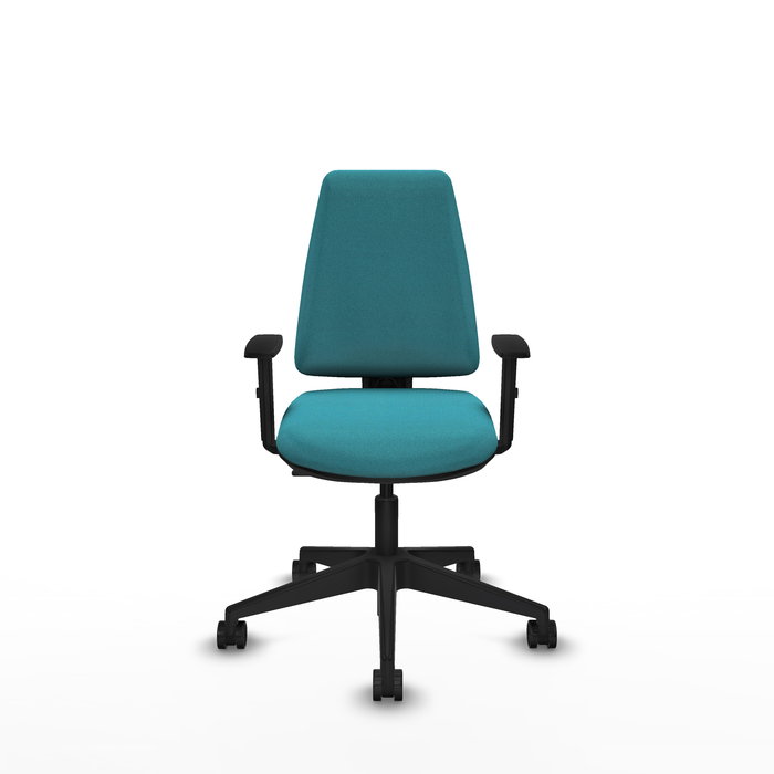 Silla de oficina Elche con mecanismo Contacto permanente básico tapizada con Tela color Turquesa. Equipada con Base piramidal negra, Brazos 1D y Ruedas 65mm nailon