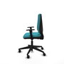 Silla de oficina Elche con mecanismo Contacto permanente básico tapizada con Tela color Turquesa. Equipada con Base piramidal negra, Brazos 1D y Ruedas 65mm nailon