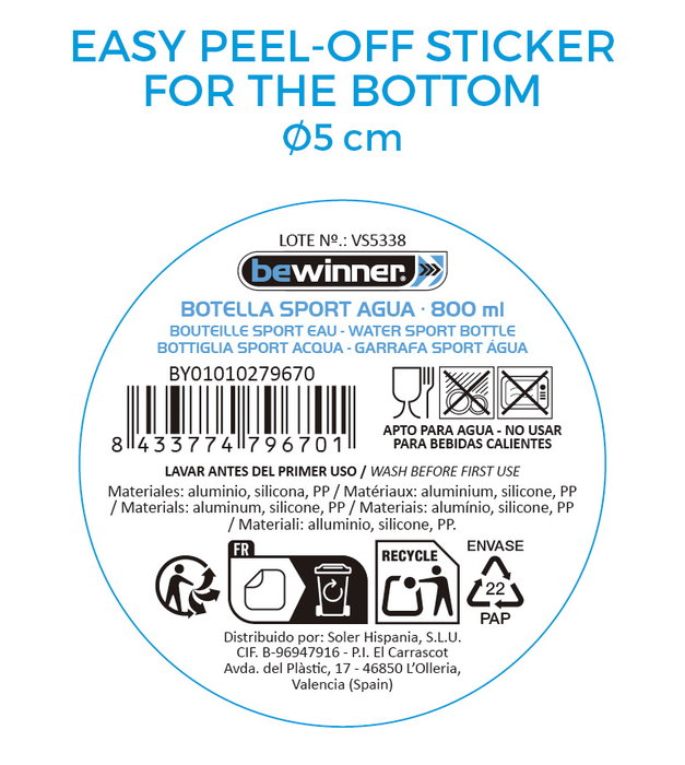 Inde Botella Sport Agua Aluminio Metalizado 800 ml 24.2x7.3 cm (12 Unidades)