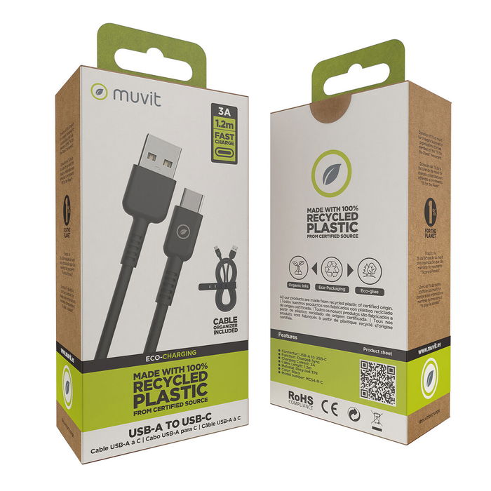 muvit for change cable USB a Tipo C 3A/27W 1.2m negro muvit for change cable USB a Tipo C 3A/27W 1.2m negro