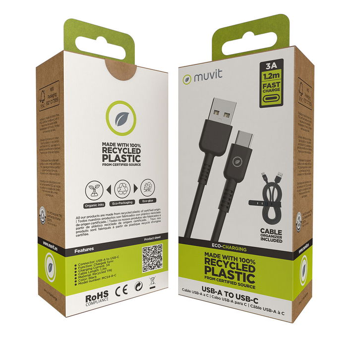 muvit for change cable USB a Tipo C 3A/27W 1.2m negro muvit for change cable USB a Tipo C 3A/27W 1.2m negro