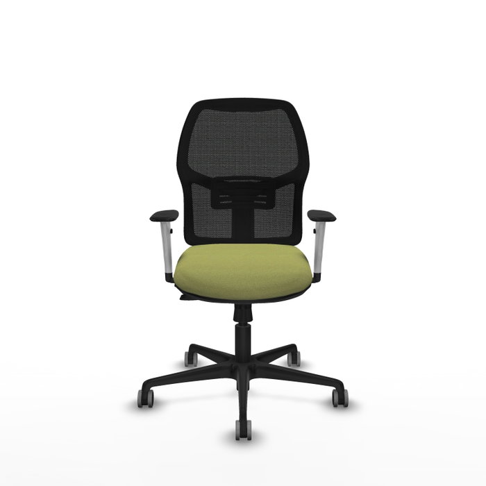 Silla Alfera Silla estática de oficina, escritorio elevable, y con respaldo fijo, apoyo lumbar regulable, brazos blancos y mecanismo Sincro/Traslack