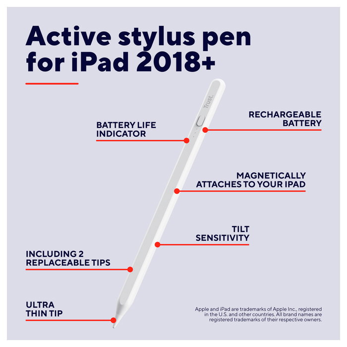 Trust Kyna Lápiz Óptico Activo para iPad 2018+ y iPad Pro - Blanco - Punta de Recambio Incluida