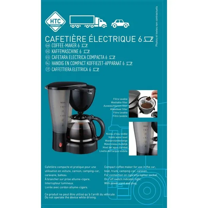 Htc Equipement Cafetera con filtro para 12V - Negro, 6 Tazas, 170W