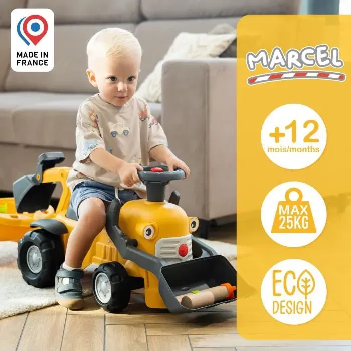 Falk Camión de obra Marcel Cargador frontal, excavadora Amarillo Fabricado en Francia 90% plástico reciclado A partir de 12 meses