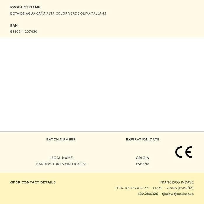 Mavinsa Bota de agua caña alta color verde oliva talla 45 PVC EN 347 Mavinsa Bota de agua caña alta color verde oliva talla 45 PVC EN 347