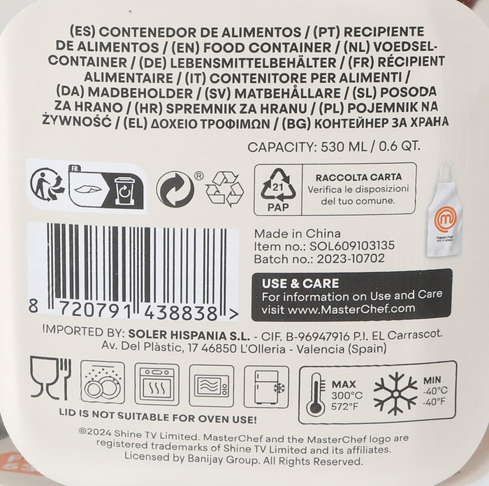 Masterchef Fiambrera Hermética Cuadrada 530ml 13.7 x 13.7 x 6.3 cm (12 Unidades)